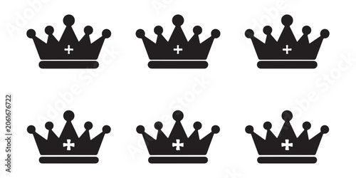 Fotografie Black cross crowns vector icon set, collection of royal crown with religious cross symbol