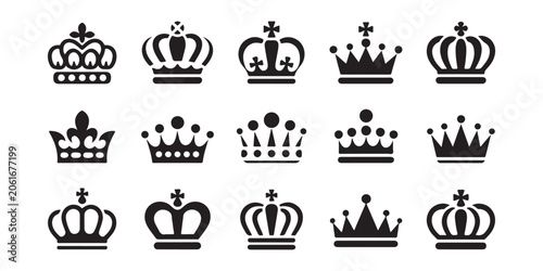 Foto Collection of fifteen diverse crown icons for royal insignia and luxury branding heraldic design