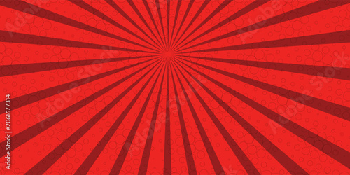Pop art red burst background. Sunbeam comic book radial lines superhero action explosion lightning blast backdrop with halftone dots. Anime manga retro vintage background