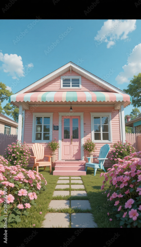 Fototapeta premium Charming pink house with striped awning, surrounded by vibrant flowers and well maintained lawn. Two colorful chairs sit on porch, inviting relaxation and enjoyment of sunny day