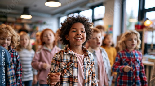 A wide shot of children swaying softly and singing in a calm semicircle in a bright cheerful music classroom music class open faces bright classroom daylight workspace full
