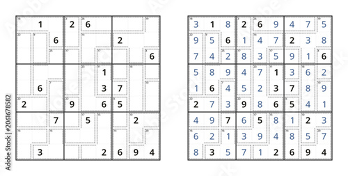 Killer sudoku with solution. Vector number puzzle game for adults on white background
