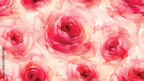 Photos Abstract fluid art seamless pattern of large, layered red and pink watercolor rose blooms on a light background for luxury design