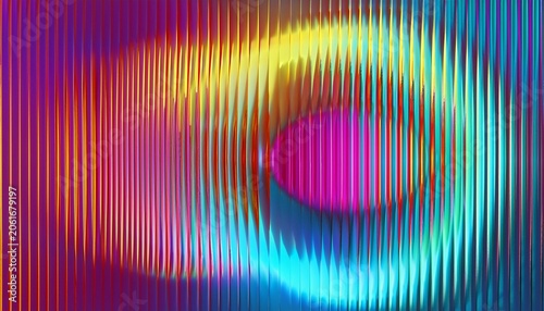 abstract neon circles through vertical ribbed glass forming colorful geometric bright spectrum gradients optical distortion layered circular shapes for creative futuristic digital project 3d render
