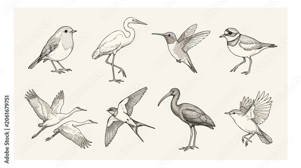 Fototapeta premium Vintage bird illustration set, hand drawn avian sketches in pencil style, 8 antique bird vector elements for nature design and scientific journals