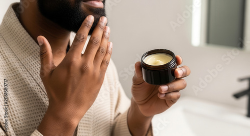 African American man applying beard balm to his well-groomed beard in washroom, male grooming and daily routine