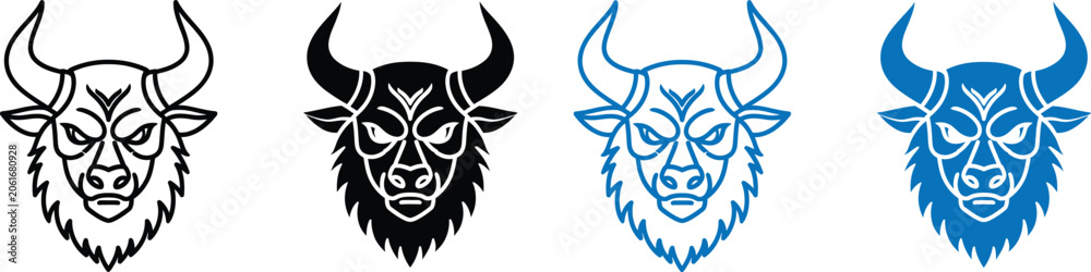 Fototapeta premium four bison heads in different colors and line styles for branding