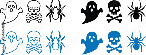 Halloween icons set with ghosts, skulls, spiders