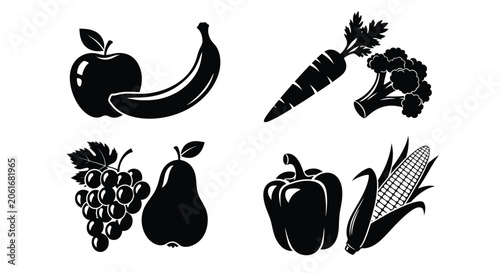 Collection Of Fruits And Vegetables In Black Silhouette