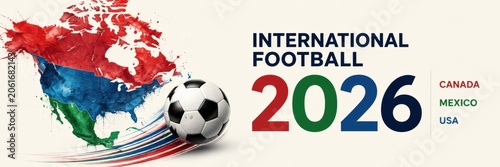 International football 2026 branding featuring a soccer ball, stylized North America map and colorful year numbers. Suitable for sports events, promotion and tournament announcements.