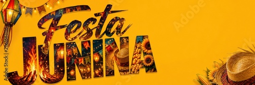 Festa Junina lettering celebrates Brazilian June festival with colorful party elements on a warm yellow background. Decorative lanterns, bunting and straw hat create festive atmosphere.