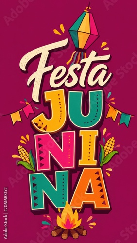 Festta Junina lettering celebrates Brazilian June festival with colorful bunting, lantern, corn, and bonfire elements on a magenta background. Bright decorative typography evokes folk tradition.