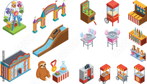 Isometric Carnival and Fairground Icon Set with Ferris Wheel, Water Slide and Food Stalls