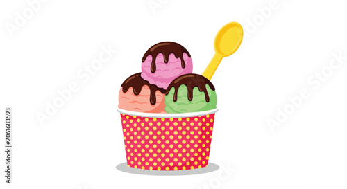 Three scoops of pink green and orange ice cream topped with rich chocolate syrup are served in a red polka-dot paper cup.