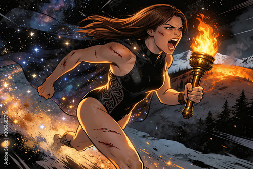 donna con un mantello di stelle corre nella neve con una torcia accesa in mano, woman with a cloak of stars runs in the snow with a lit torch in hand