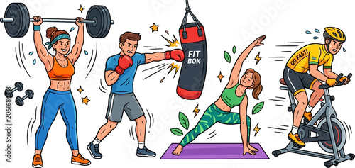 Foto People engaging in various fitness activities like weightlifting boxing yoga and