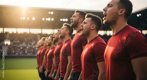 Soccer team standing in a row singing the national anthem on the pitch