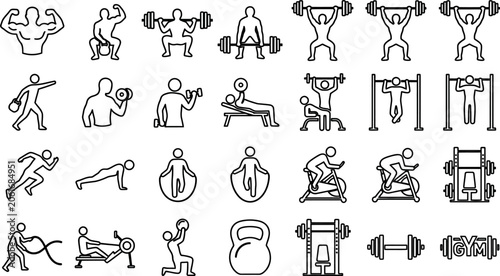 Tableau sur toile stick figure icons of people doing various gym exercises with dumbbells and mach