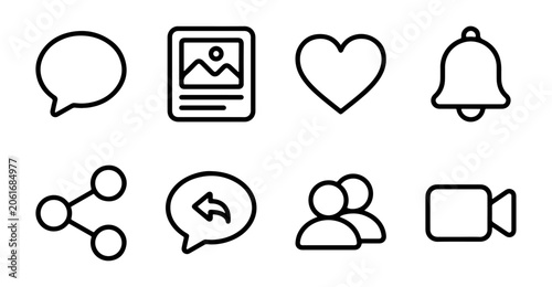 Obraz na płótnie Social media icon set with outline chat photo heart bell share reply team and vi