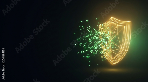Digital Shield Protection Breaking Apart, Cybersecurity Threat Concept, Data Security Breach, Network Defense Failure, Abstract Technology Illustration