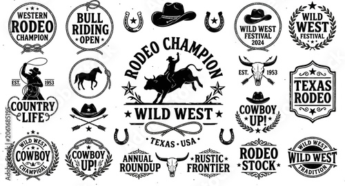 Fotografie Rodeo champion and wild west festival vector graphic set with cowboy hats and bu