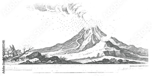 Φωτογραφία Vintage engraving illustration of an active erupting volcano with ash and smoke over landscape vector art