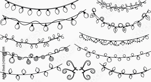 Variety of hand-drawn light string designs and garlands with different bulb shapes for festive and celebratory decorations.