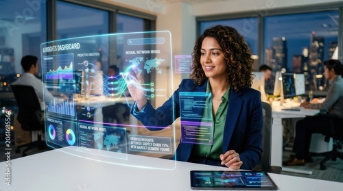 A woman in a professional setting interacts with a futuristic, transparent screen displaying various data and analytics.