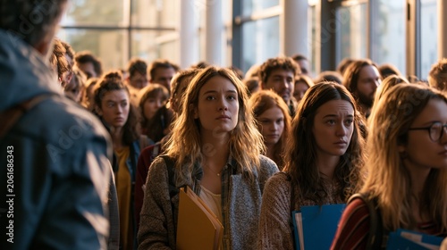 A crowded university admissions queue with more young women than men holding application folders, hopeful yet tense mood, morning light through campus windows.