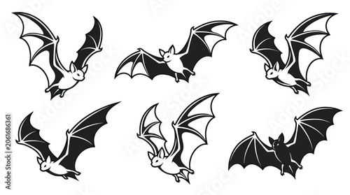 Photography Set of Flying Bats Silhouettes, Halloween and Spooky Vector Graphics