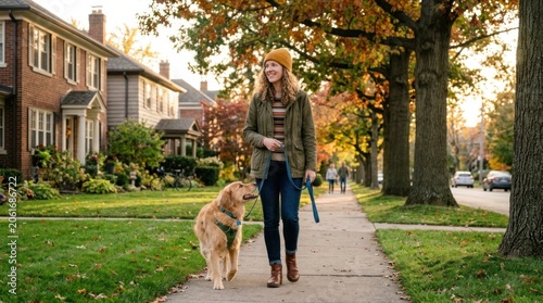A woman walks her golden retriever on a suburban street during autumn.