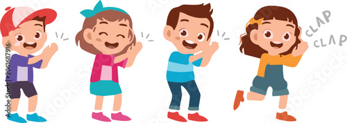 Foto Group of happy cute cartoon kids clapping hands together celebrating achievement cheering and applauding vector illustration character set