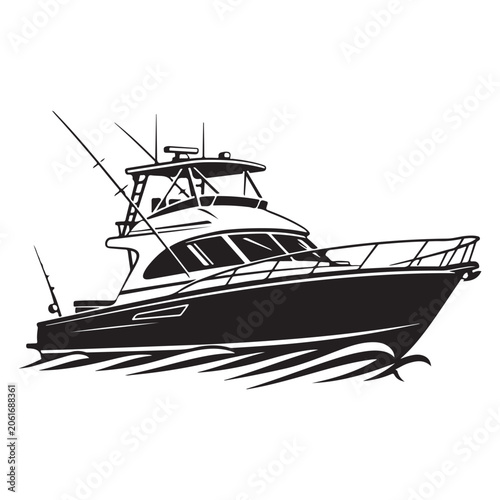 Canvas Print Sport fishing boat vector illustration with cabin cruiser and fishing rods on wa