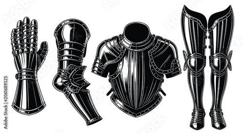 Obraz na plátně Medieval Armor Set Illustration Black And White Silhouette