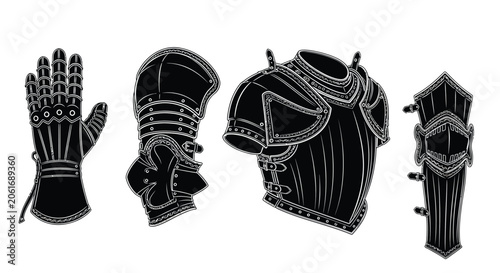 Fotografie Medieval armor pieces including gauntlets and breastplate black silhouette