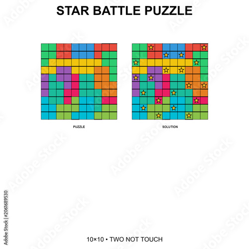 Star Battle puzzle 10x10 grid with solution. Two not touch rule logic brain teaser with colored regions and yellow stars. Printable worksheet