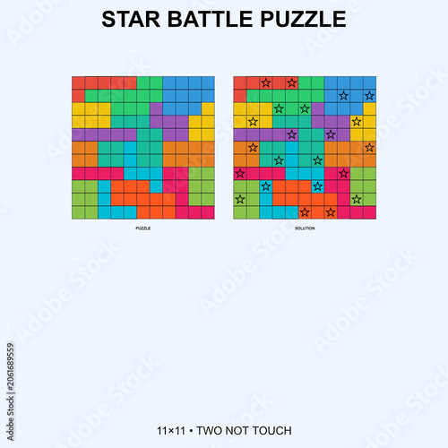 Star Battle puzzle 11x11 grid with solution. Two not touch rule logic brain teaser with colored regions and black stars. Printable worksheet
