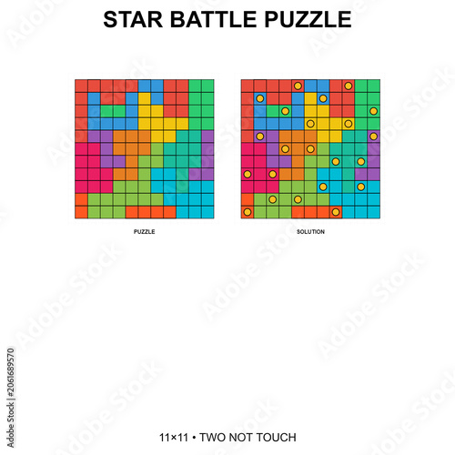 Star Battle puzzle 11x11 grid with solution. Two not touch rule logic brain teaser with colored regions and yellow circles. Printable worksheet
