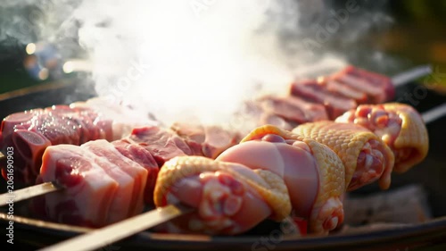Macro video of glistening, sizzling marinated pork belly, beef, chicken on skewers over hot charcoal. Golden crust, bubbling juices, fragrant smoke, creamy bokeh, golden hour sunlight. Gourmet