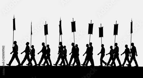 Bild auf Leinwand Protesters march with flags in a minimalist style