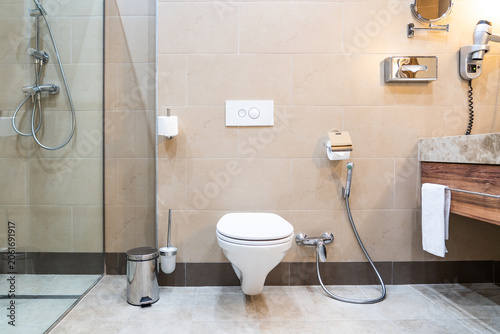 фотографія White toilet bowl in a modern bathroom with shower