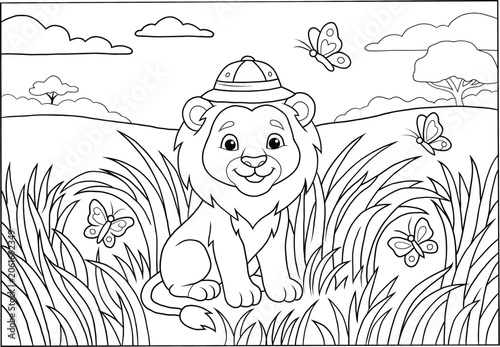 cute_lion_safari_hat_butterflies_coloring_page