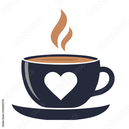 Black coffee cup with heart and steam on saucer