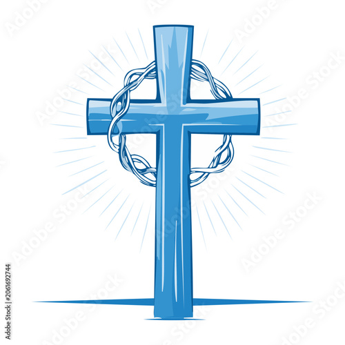 Blue Christian Cross with Crown of Thorns and Rays
