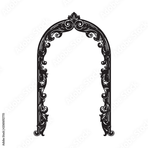 Ornate baroque arch silhouette with intricate filigree and floral scrollwork for decorative border and frame design