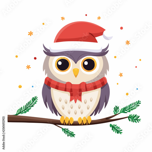 Cute Christmas Owl Wearing Santa Hat and Scarf on Branch