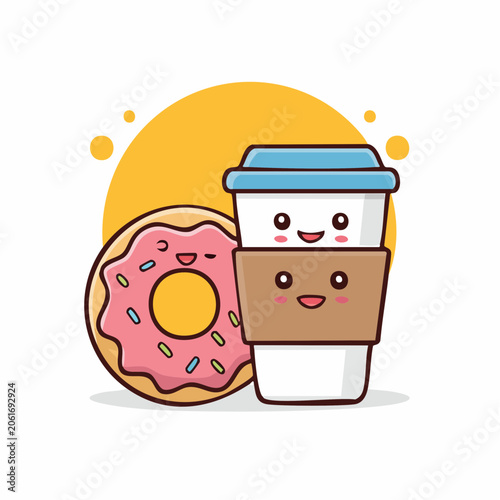 Cute Kawaii Coffee Cup and Donut Characters