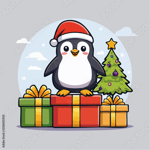 Cute Penguin Wearing Santa Hat with Christmas Tree and Gifts