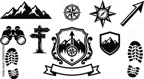 Photos Outdoor Adventure and Mountain Exploration Icons Vector Set with Compass Shield