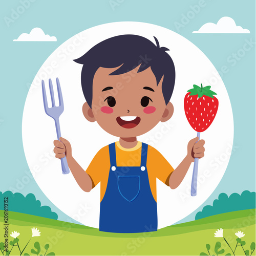 Happy Boy Holding Fork and Strawberry